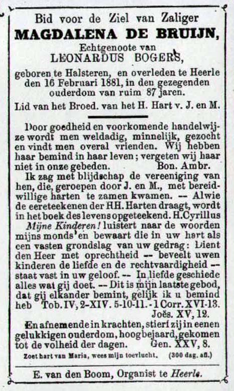 Gedachtenisplaatje bidprentje Magdalena de Bruijn 1881