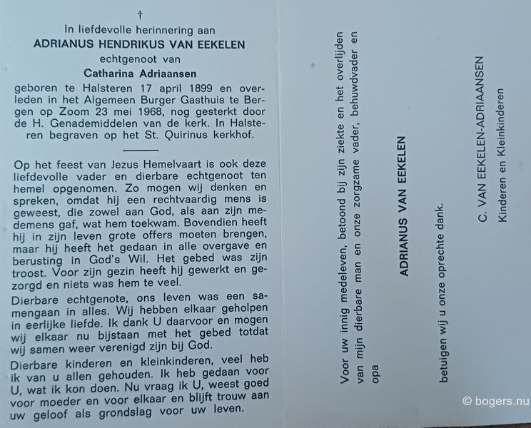 bidprentje Adrianus van Eekelen 1899-1968