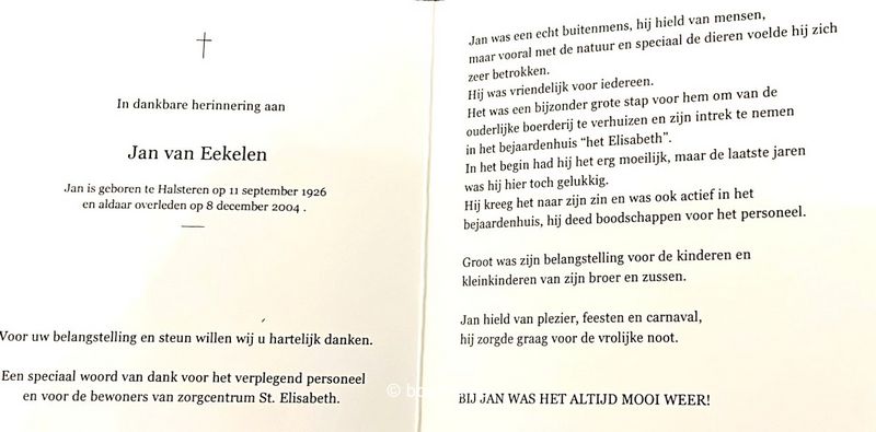 Bidprentje Jan van Eekelen 1926 - 2004