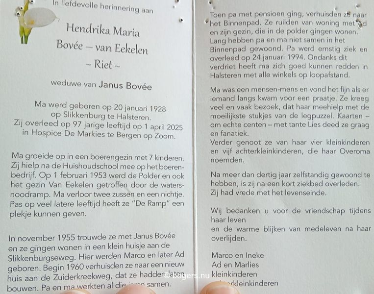 Bidprentje Jan van Eekelen 1926 - 2004